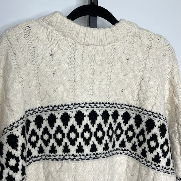 MANGO Women's Jacquard Knitted Sweater White Black Sz XL Fair Isle Cable Knit - Picture 8 of 12